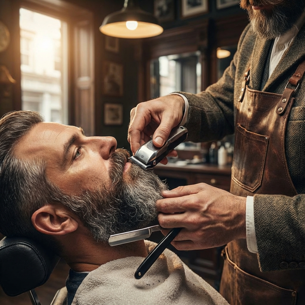 Detailní pohled na dokonale tvarované vousy.