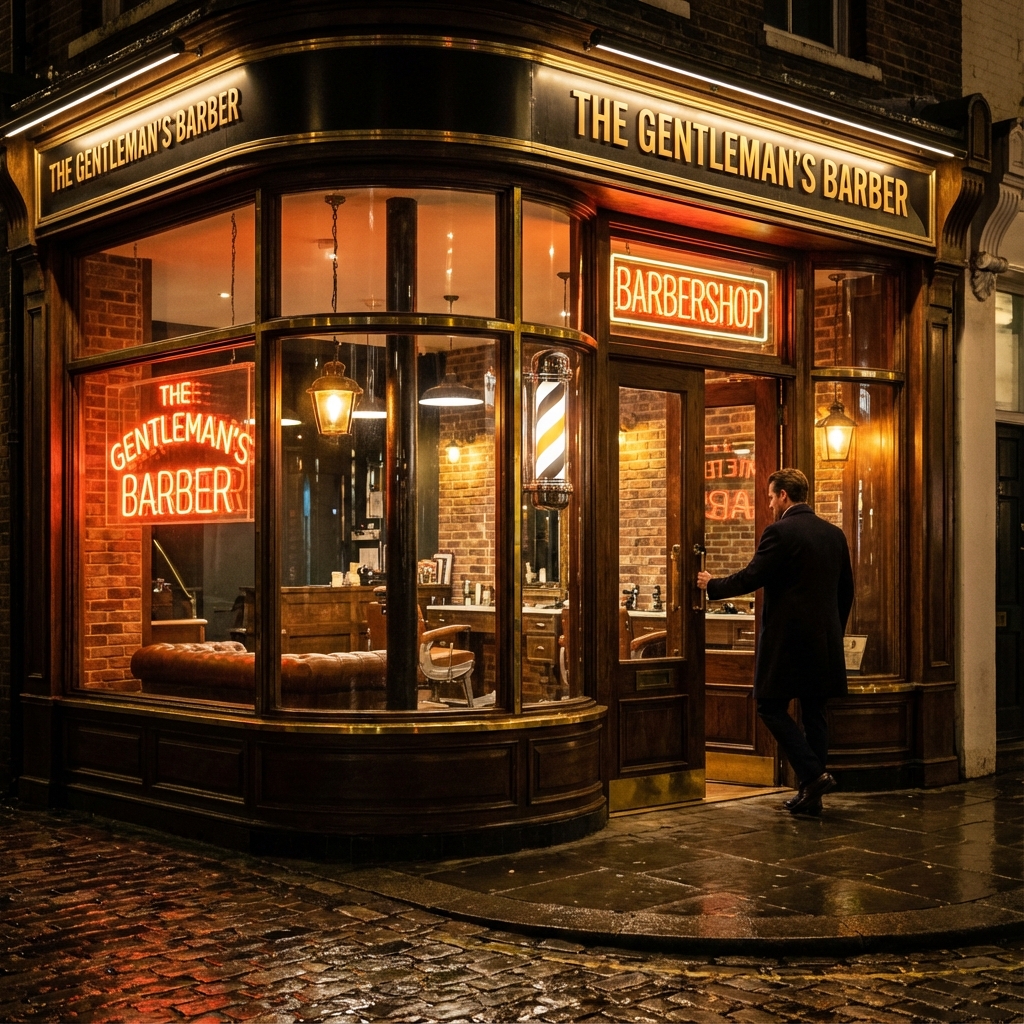 Sofistikovaný a přívětivý vchod do holičství v noci.