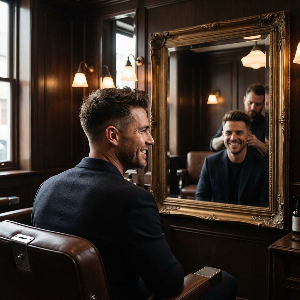 Usměvavý zákazník, spokojený se svým novým účesem.