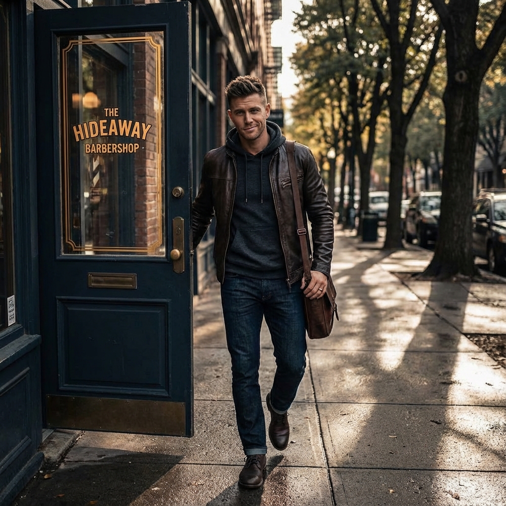 Stylový muž odcházející z holičství se sebevědomým vzhledem.