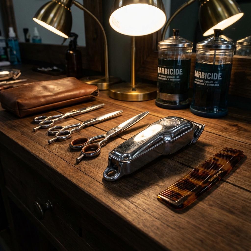 Sada prémiových holičských nástrojů na tmavém dřevěném stanovišti.