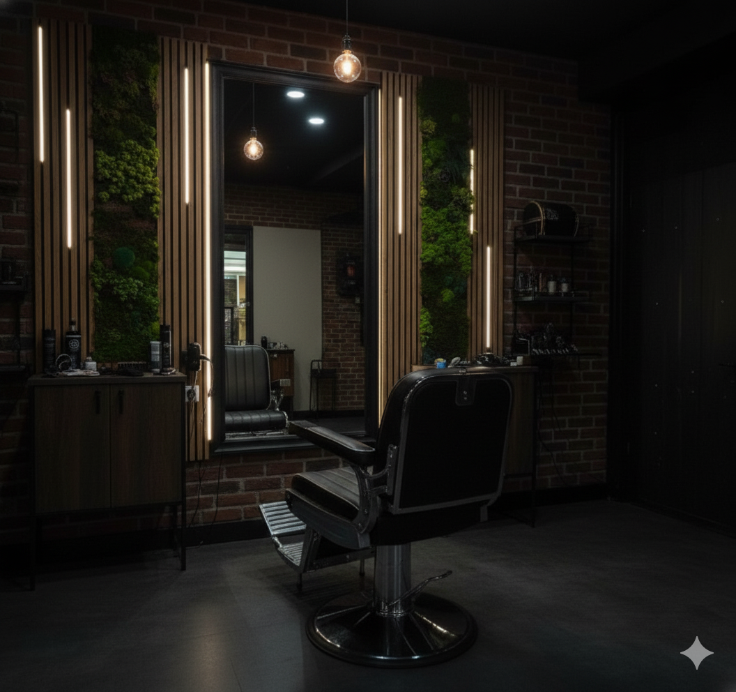 Stylish barbershop interior with dark tones and leather chairs